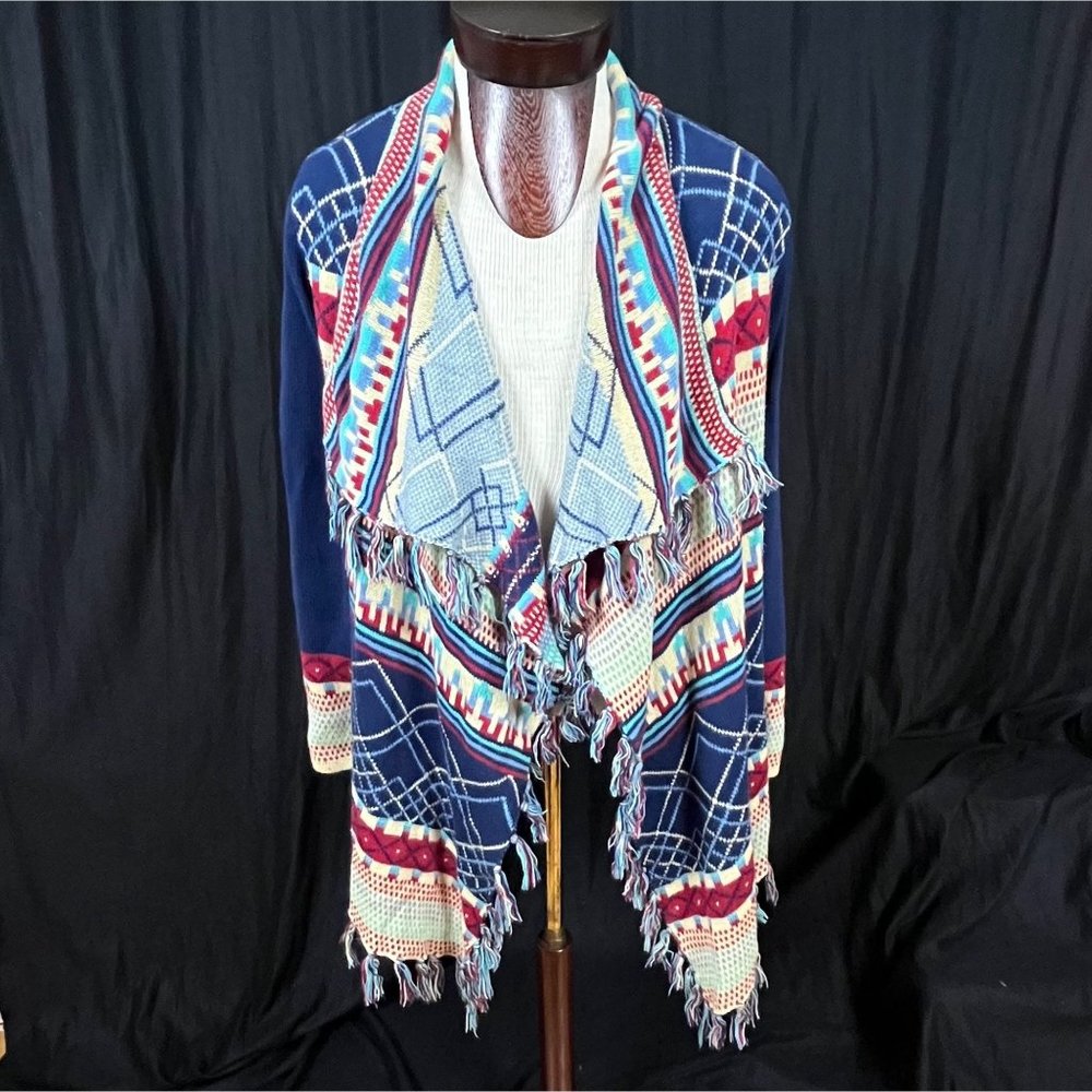 Wrangler Blanket Sweater Cardigan Southwest Geometric Plaid‎ Design Fringe Sz LG